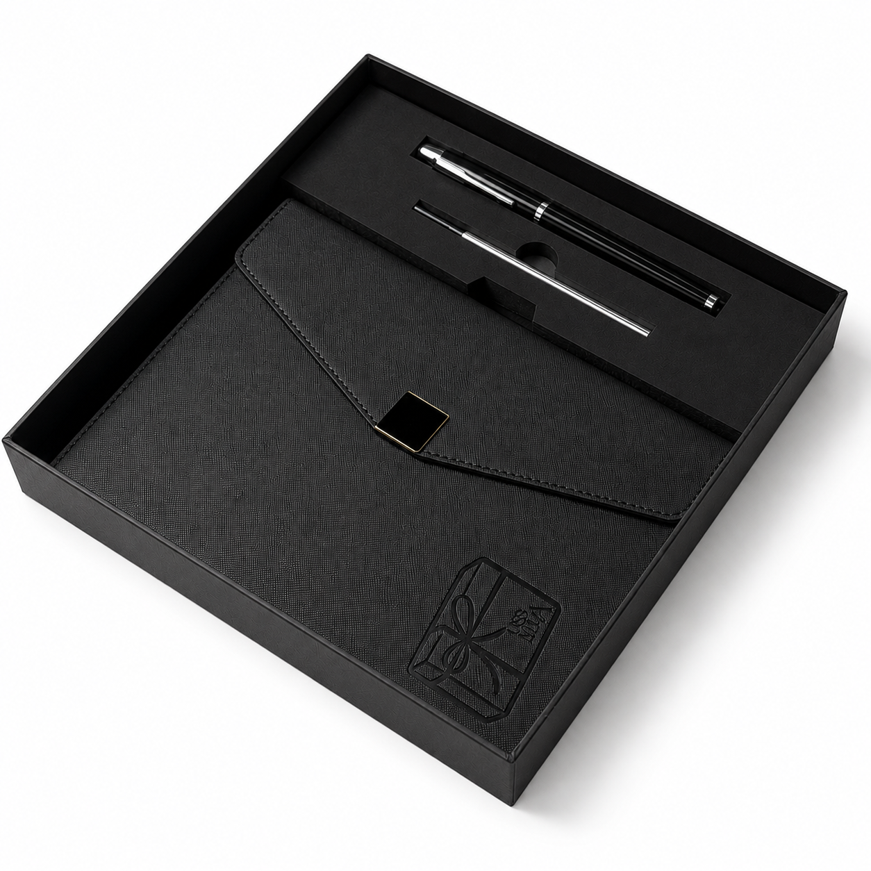 A black gift set presented in a black box, featuring a black envelope-style pouch with a small square cutout and embossed gift icon, plus a slim black-and-silver pen and matching pen stand.
