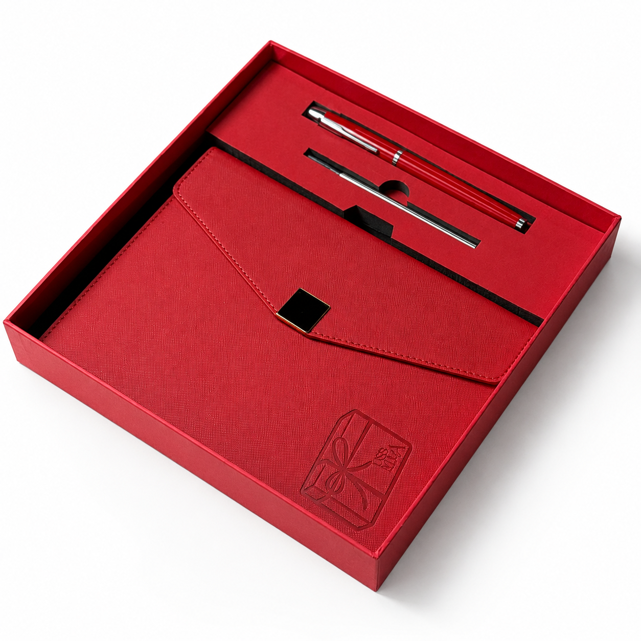 A red gift set presented in an open red box on a white background, containing a red pen and a matching red envelope or card holder with a small embossed gift box logo.